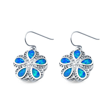 Flower Dangle Earrings Lab Created Blue Opal 925 Sterling Silver